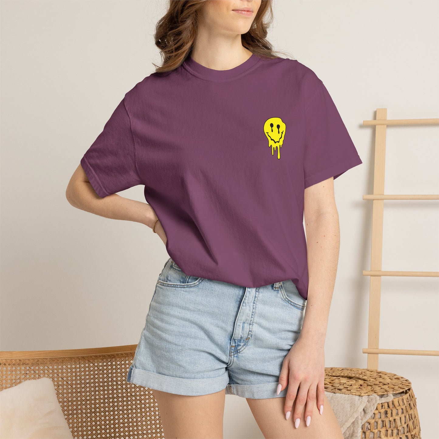 Drippy Yellow Smiley Tee T-shirt | Grunge Smiley Chest Graphic