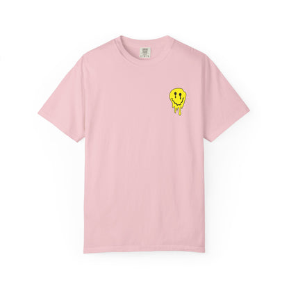 Drippy Yellow Smiley Tee T-shirt | Grunge Smiley Chest Graphic