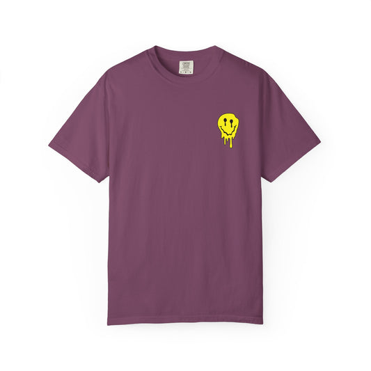 Drippy Yellow Smiley Tee T-shirt | Grunge Smiley Chest Graphic