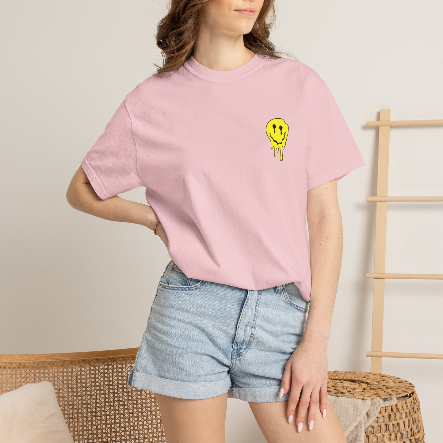 Drippy Yellow Smiley Tee T-shirt | Grunge Smiley Chest Graphic