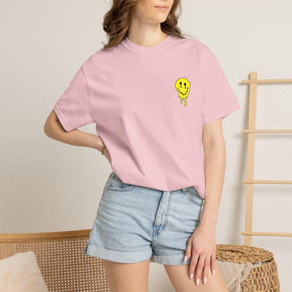 Drippy Yellow Smiley Tee T-shirt | Grunge Smiley Chest Graphic