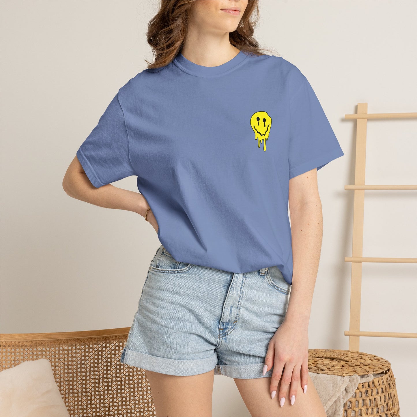 Drippy Yellow Smiley Tee T-shirt | Grunge Smiley Chest Graphic