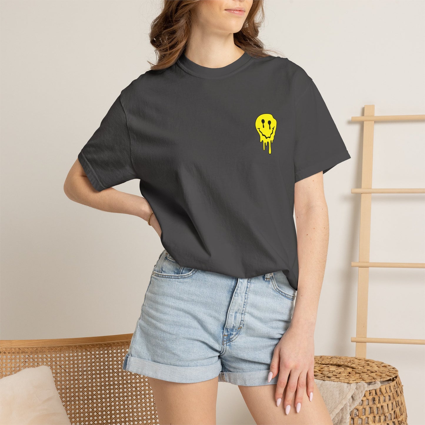 Drippy Yellow Smiley Tee T-shirt | Grunge Smiley Chest Graphic